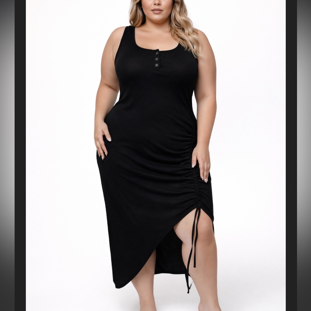 Cider Black Ribbed Midi 4X Plus Size Ruched Side Slit Stretch Bodycon Tank Dress